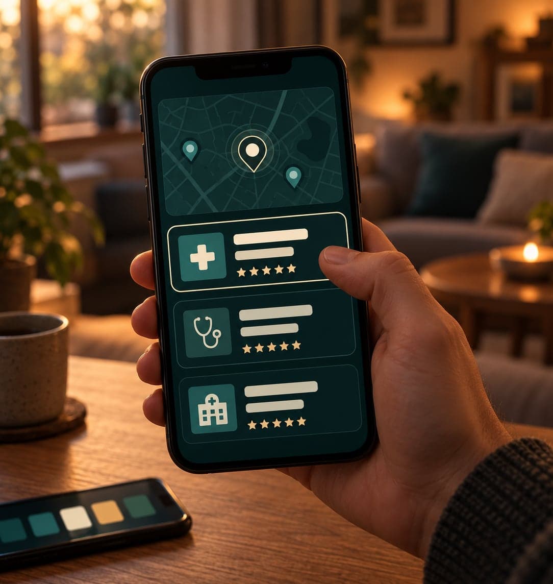 A patient comparing nearby practices on a phone, the top result highlighted