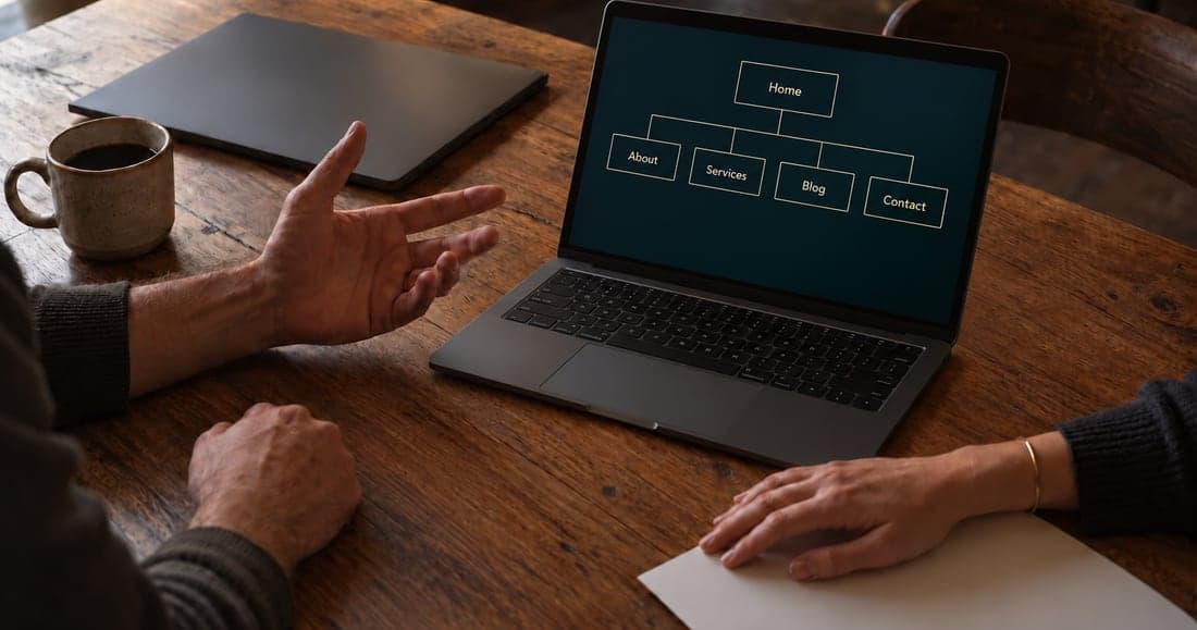 A website sitemap being built on a laptop during a kickoff conversation