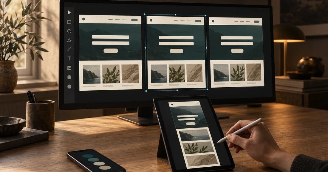 Page layouts open in a design tool on a monitor, with the mobile version on a tablet
