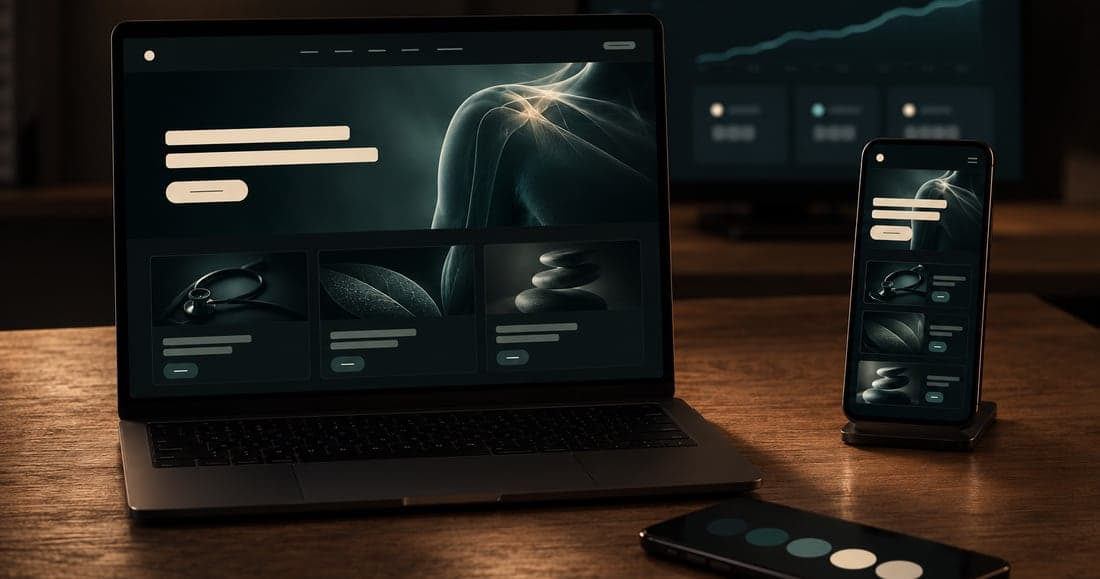 The finished site on a laptop and a phone, with an analytics panel behind