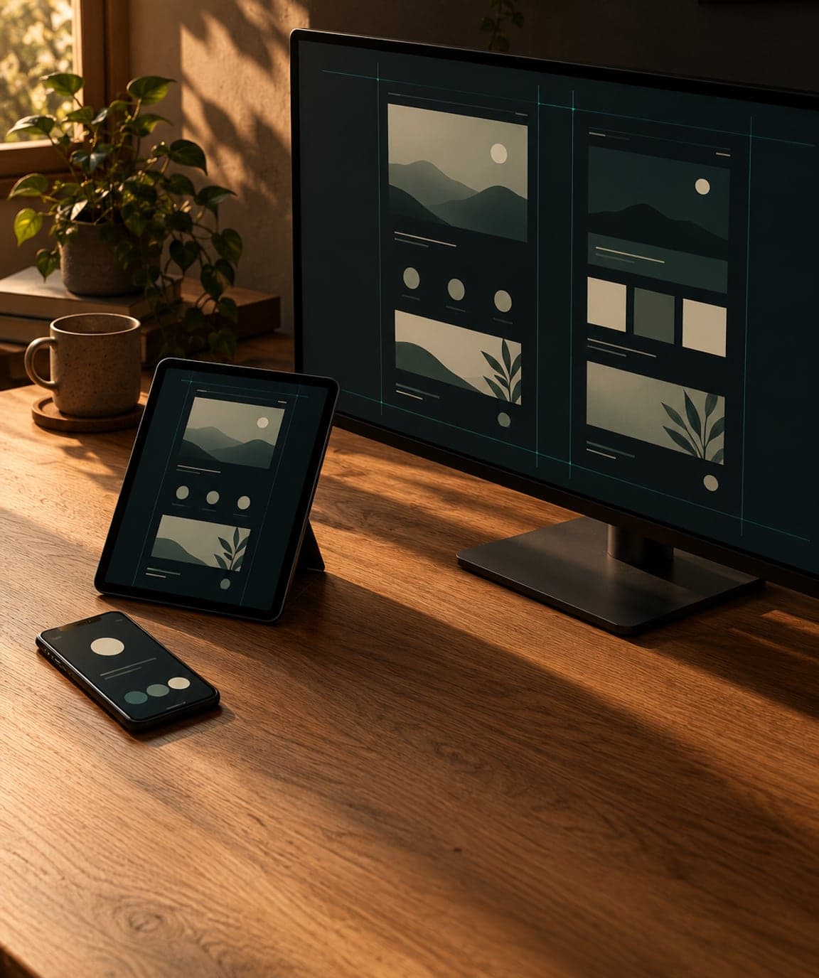 A desk with the site design open on a monitor, a tablet and a phone