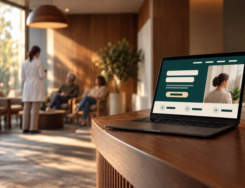 Website wireframe on a laptop at a medical practice reception