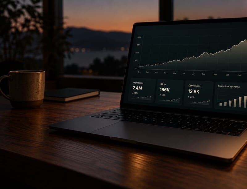 Ad campaign dashboard with a rising chart on a laptop