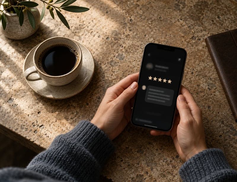 Five-star patient review on a phone
