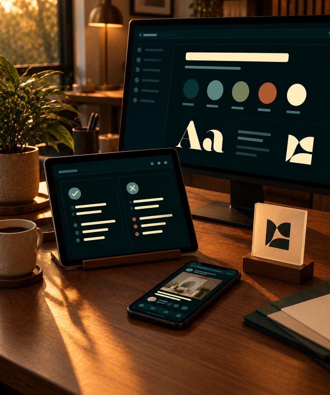 A desk with the brand guidelines on a monitor, the voice guide on a tablet and a signage mock-up beside them