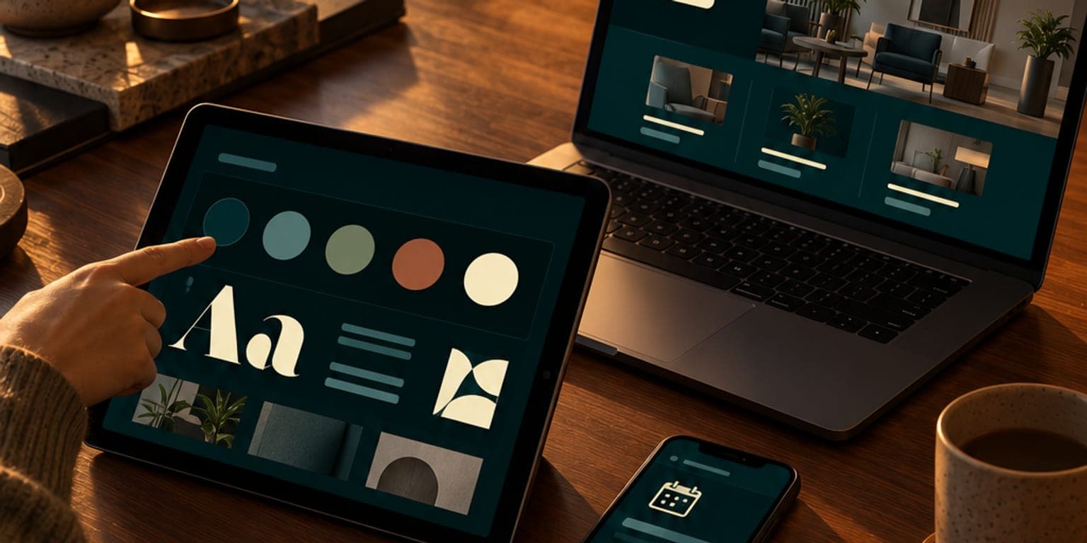 A brand system laid out across a desk: a colour palette and type specimen on a tablet, the website on a laptop