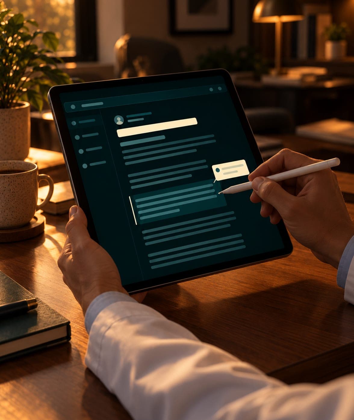 A clinician marking up a paragraph of the draft on a tablet with a stylus