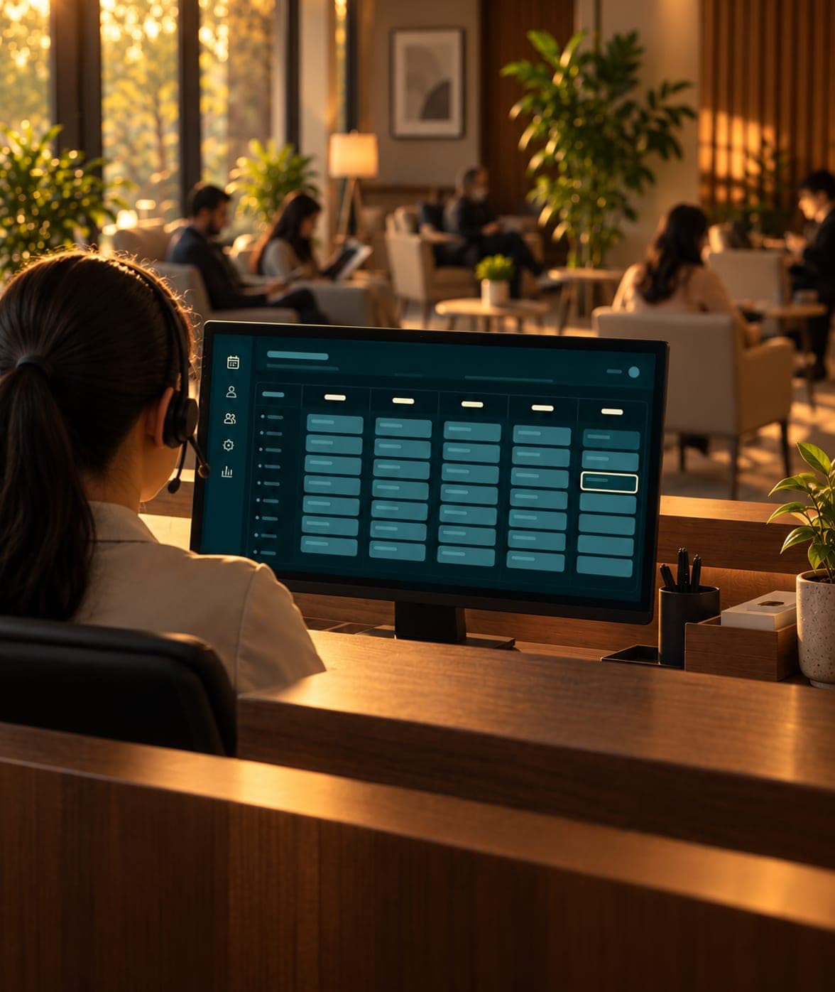 A front-desk screen showing weeks of appointments already booked, the waiting room full behind it