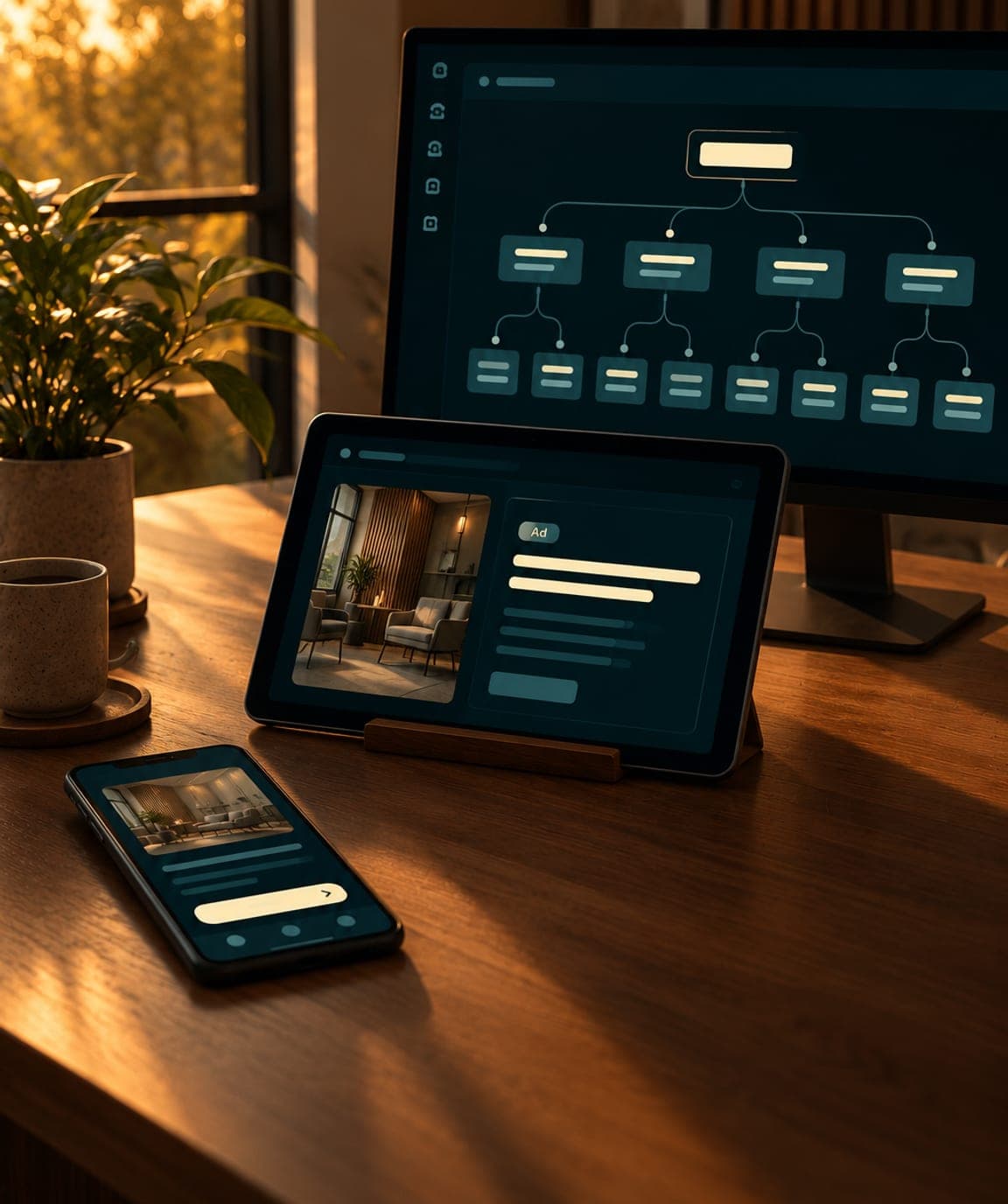 A desk with the campaign structure on a monitor, an ad preview on a tablet and a landing page on a phone