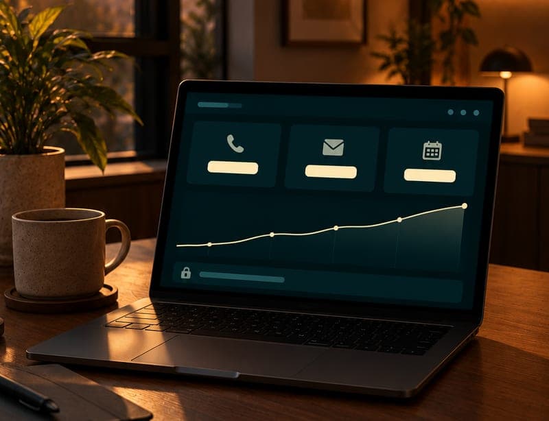 A dashboard counting calls, form submissions and bookings, with no patient details on it