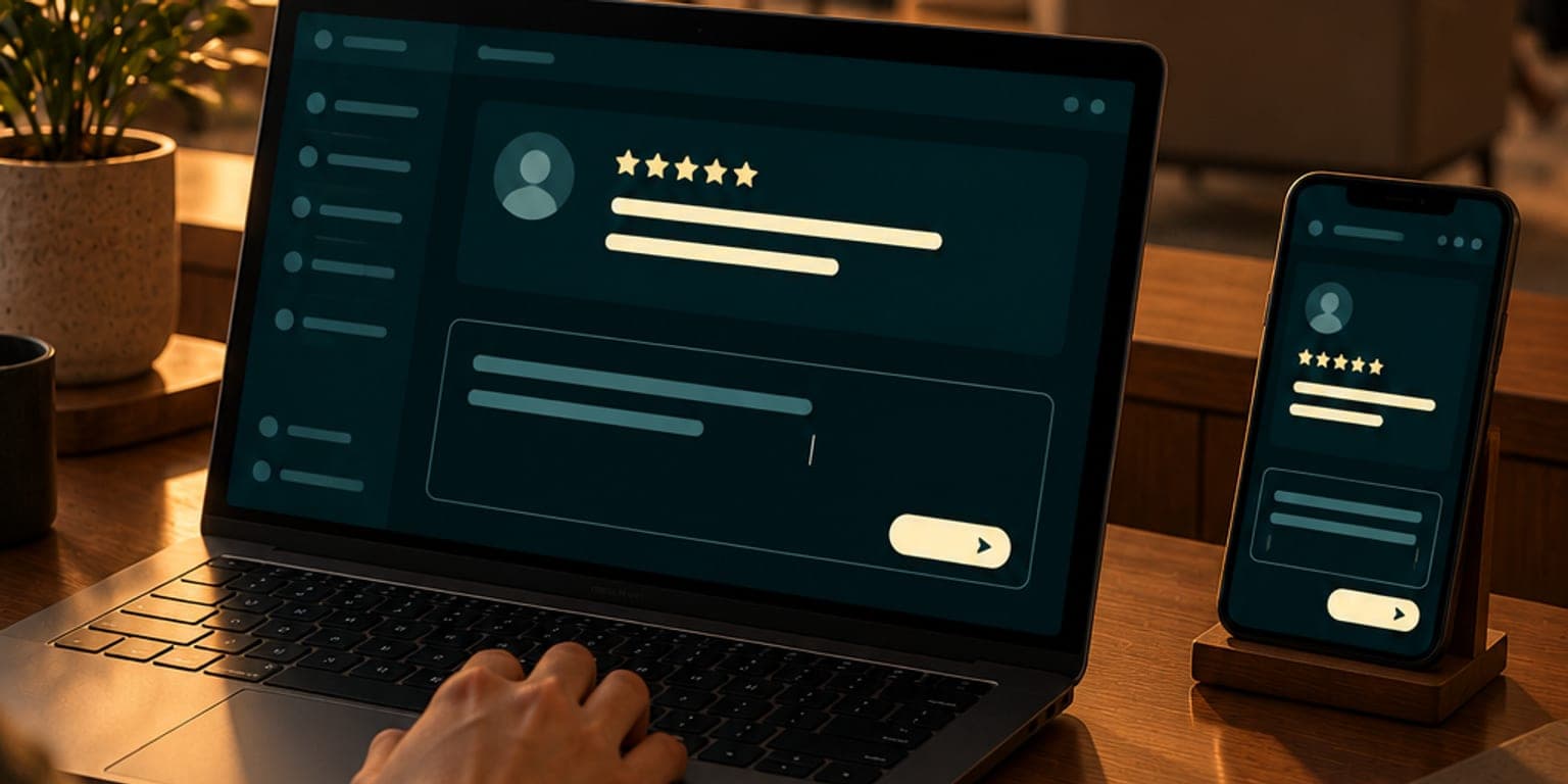 A patient review open on a laptop with a reply being typed underneath, the same thread on a phone beside it