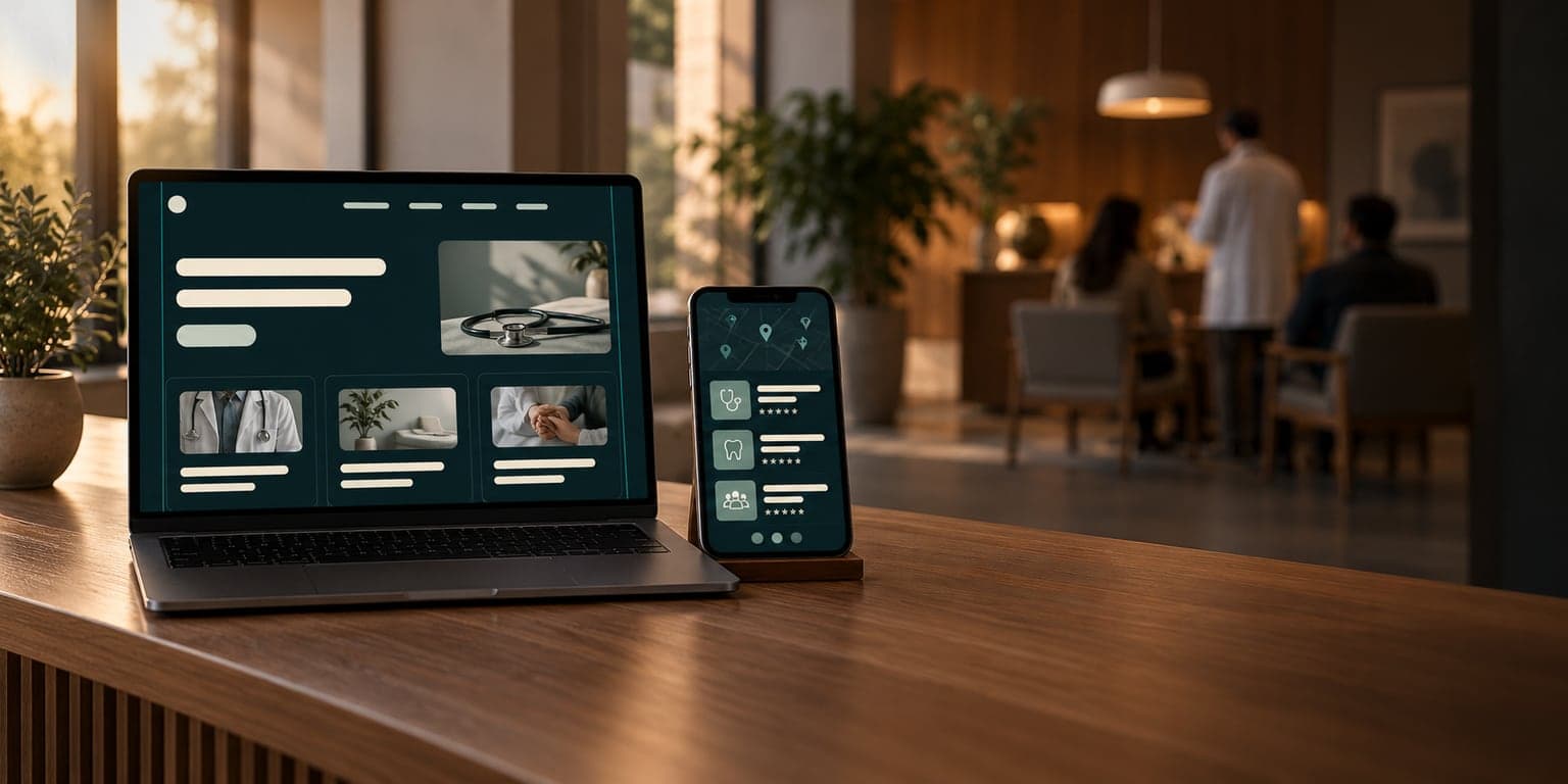 A practice website shown on a laptop and a phone on a reception counter, the waiting area behind