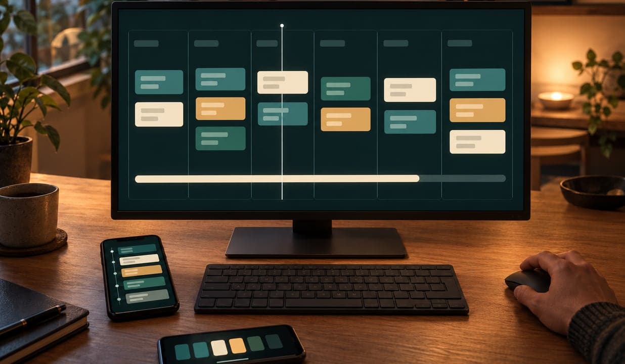 A six-week project schedule on screen, each week a column of tasks